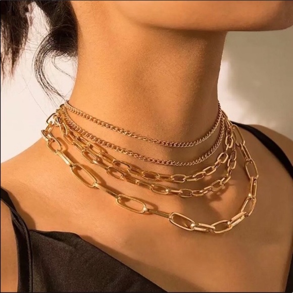 Zara Gold Chains Multi Big Link 1-Chain 5-Layered Necklace NEW - Picture 2 of 16